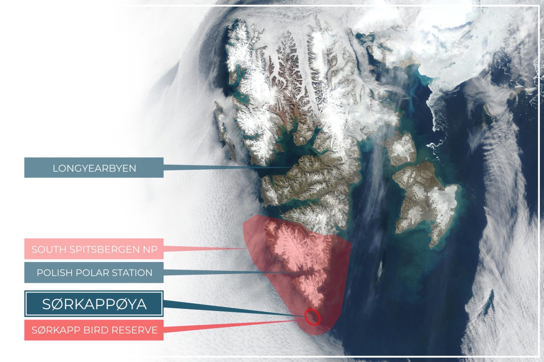 The location of Sørkappøya in relation to protected areas and human settlementsBackground photo: NASA’s Visible Earth